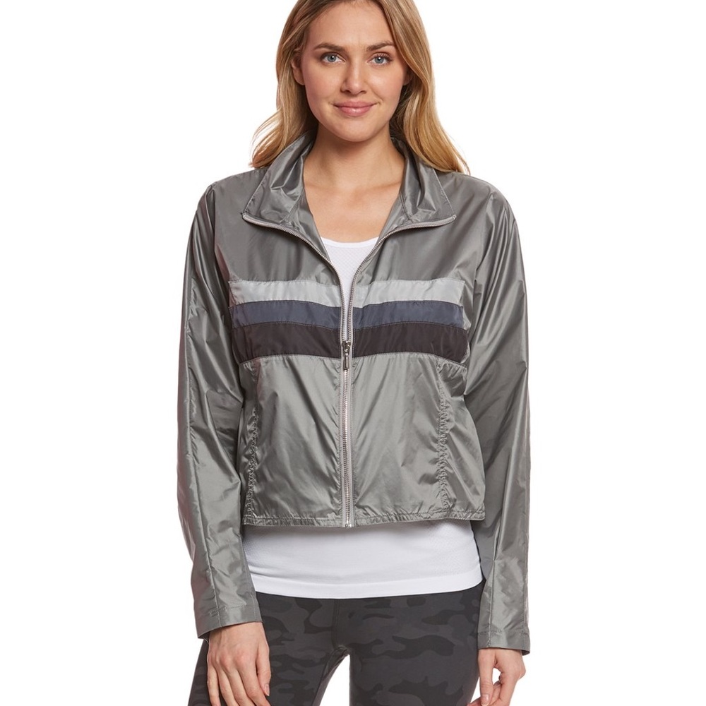Free People movement Ibiza yoga jacket windbreaker zip front grey and bl…Sz M